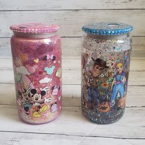 Snow globe handmade glass jar 16oz with straw